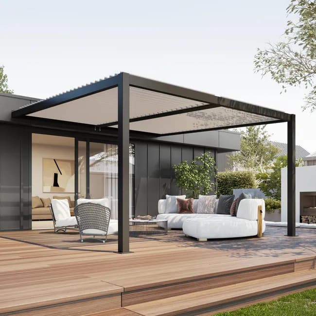 Pergola bioclimatique adossée 4 x 3 m à lames orientables en aluminium - Gris anthracite — vue 1
