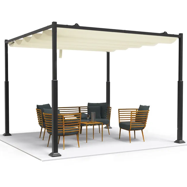 Pergola retractable 3x3m en metal et toile Polyester haute densite 180g/m2 beige — vue 1